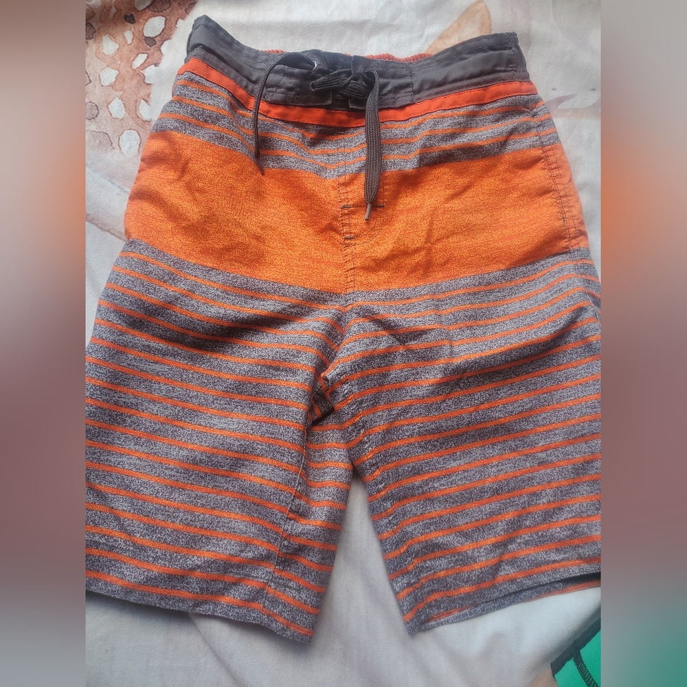 Striped Orange and Gray Shorts Swim Trunks Boys Size 8-10  By Wave Zone